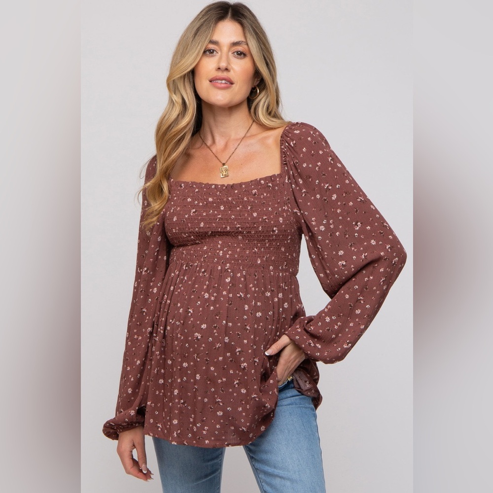 Brown Floral Smocked Long Sleeve Maternity Top